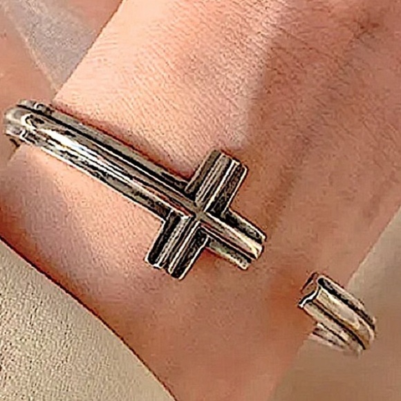 Cross Sterling Silver Bangle Cuff Minimalist Bracelet - Picture 4 of 6